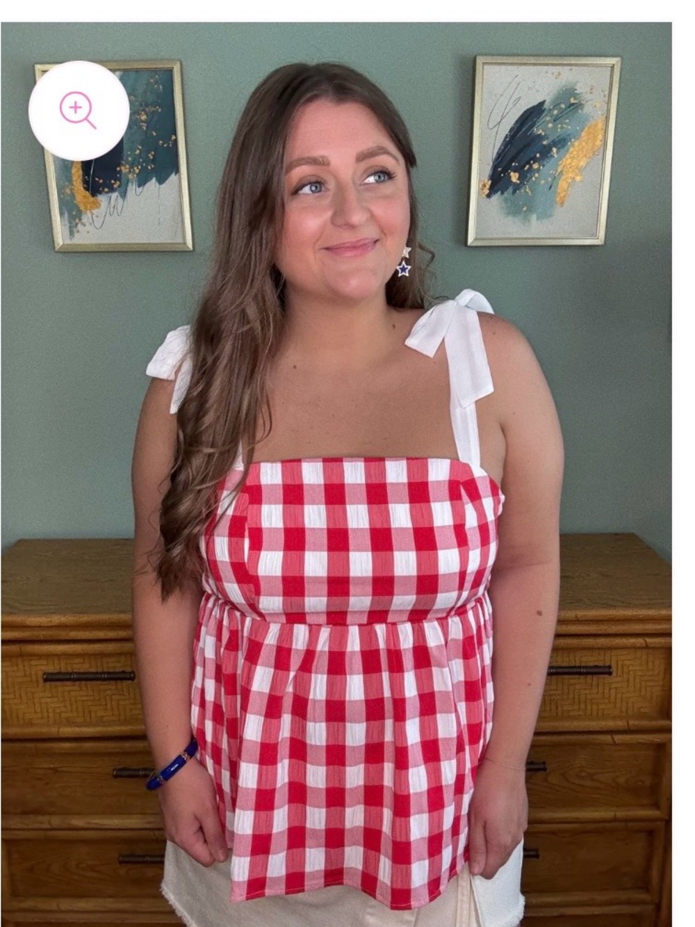 Red and White Gingham Tie-Shoulder Women’s Top